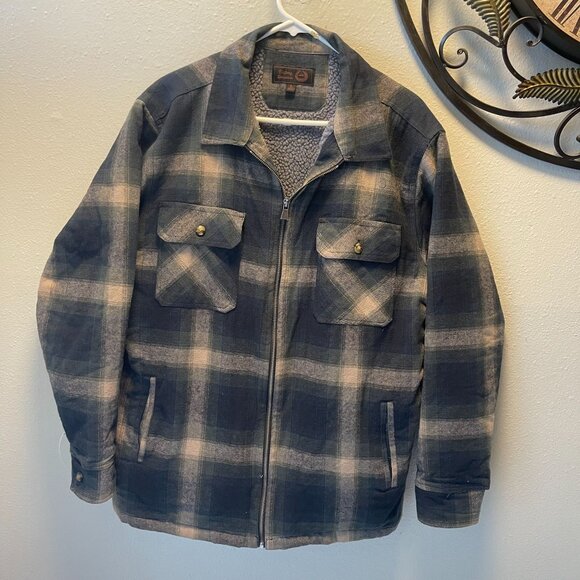 Victory Sportswear Mens L Blue Plaid Sherpa-Lined Zip-Up Jacket Dual Chest Pocke - Picture 1 of 12